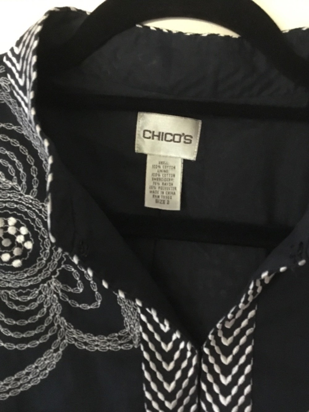 100 % Cotton Chico's navy blue embroidered jacket.